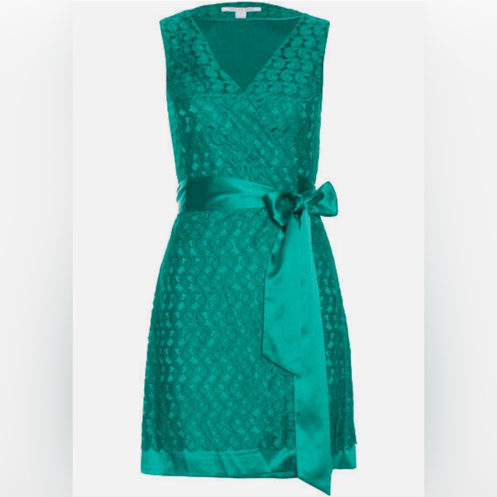 Diane Von Furstenberg Derbette Fresh Aqua Green Paisley Lace Wrap Dress